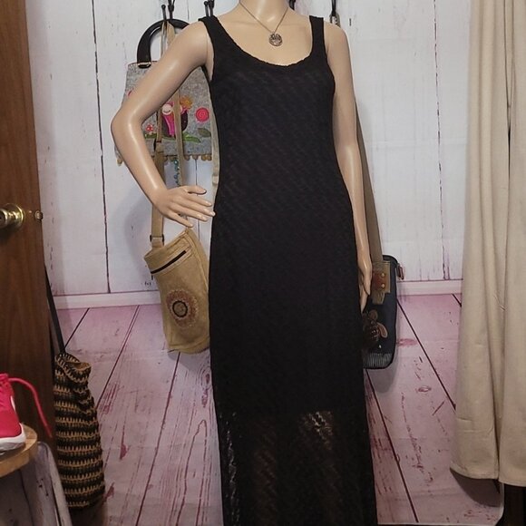 Apt. 9 Black Lace Maxi Dress Sleeveless Scoop Neck Sheer Overlay - Picture 2 of 7